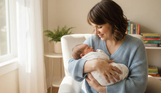 A mother lovingly holds her newborn baby in a cozy setting.