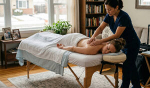 Spring Equinox Reset: Why the Body Naturally Craves Detox and Renewal in March 1 a woman receiving a massage in a cozy home setting