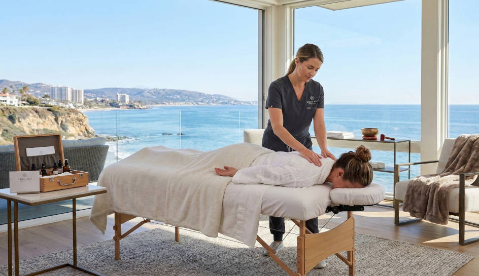 A serene ocean view during a relaxing massage therapy session.