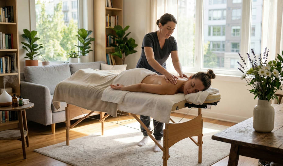 A professional massage session in a serene environment with a therapist and a client.
