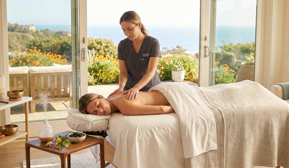 A tranquil massage session with a view of the ocean.