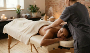  A tranquil spa treatment featuring a woman enjoying a massage.