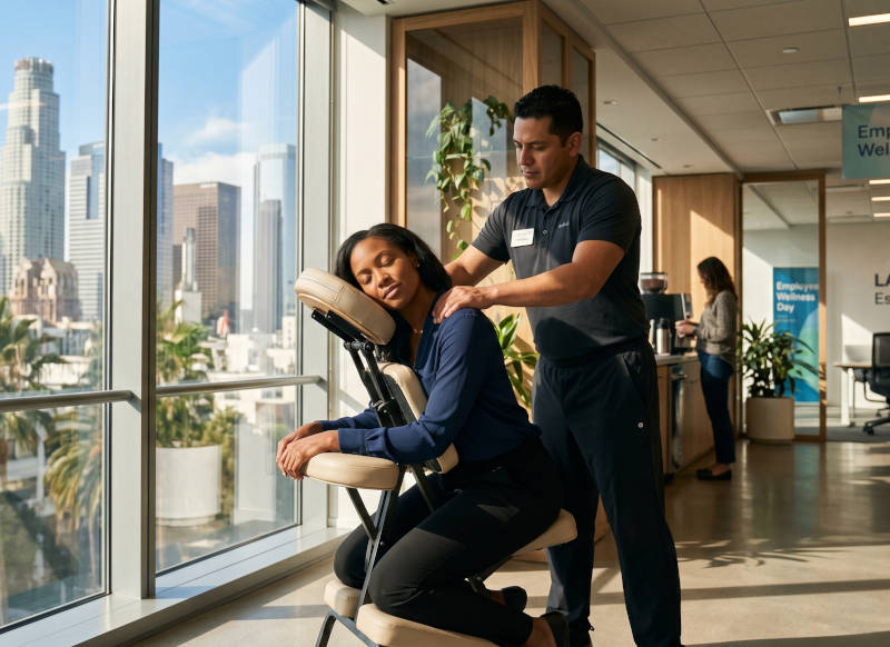 Employee gets a relaxing chair massage in an office overlooking a Los Angeles skyline.