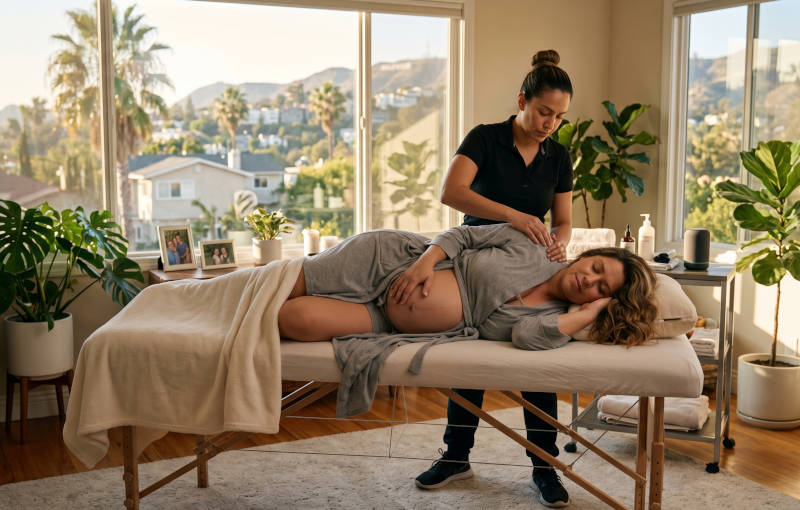 Pregnant woman receives a relaxing massage from a therapist at home, overlooking a sunny city view.