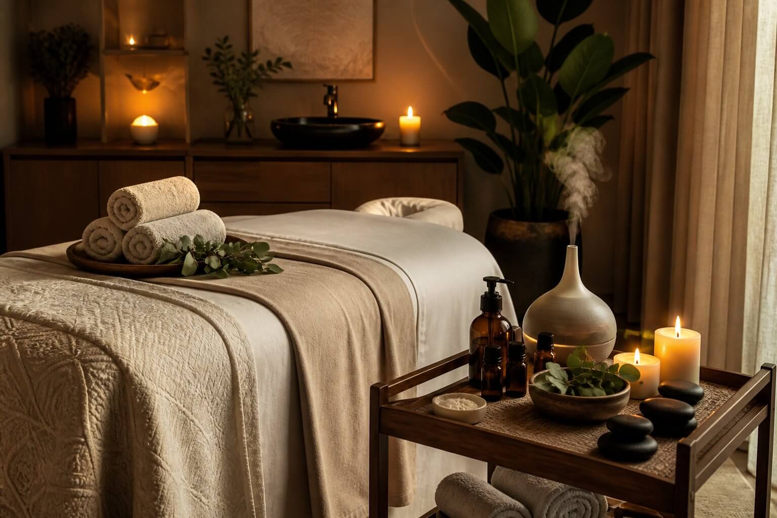 How to Stay Hydrated and Recover Faster During the Summer Months 2 An exclusive signature spa setup featuring a premium massage table with soft linens surrounded by wellness add-ons including essential oils, balancing stones, a diffuser, and candles, representing the Back to Balance therapeutic experience that restores physical and emotional equilibrium.