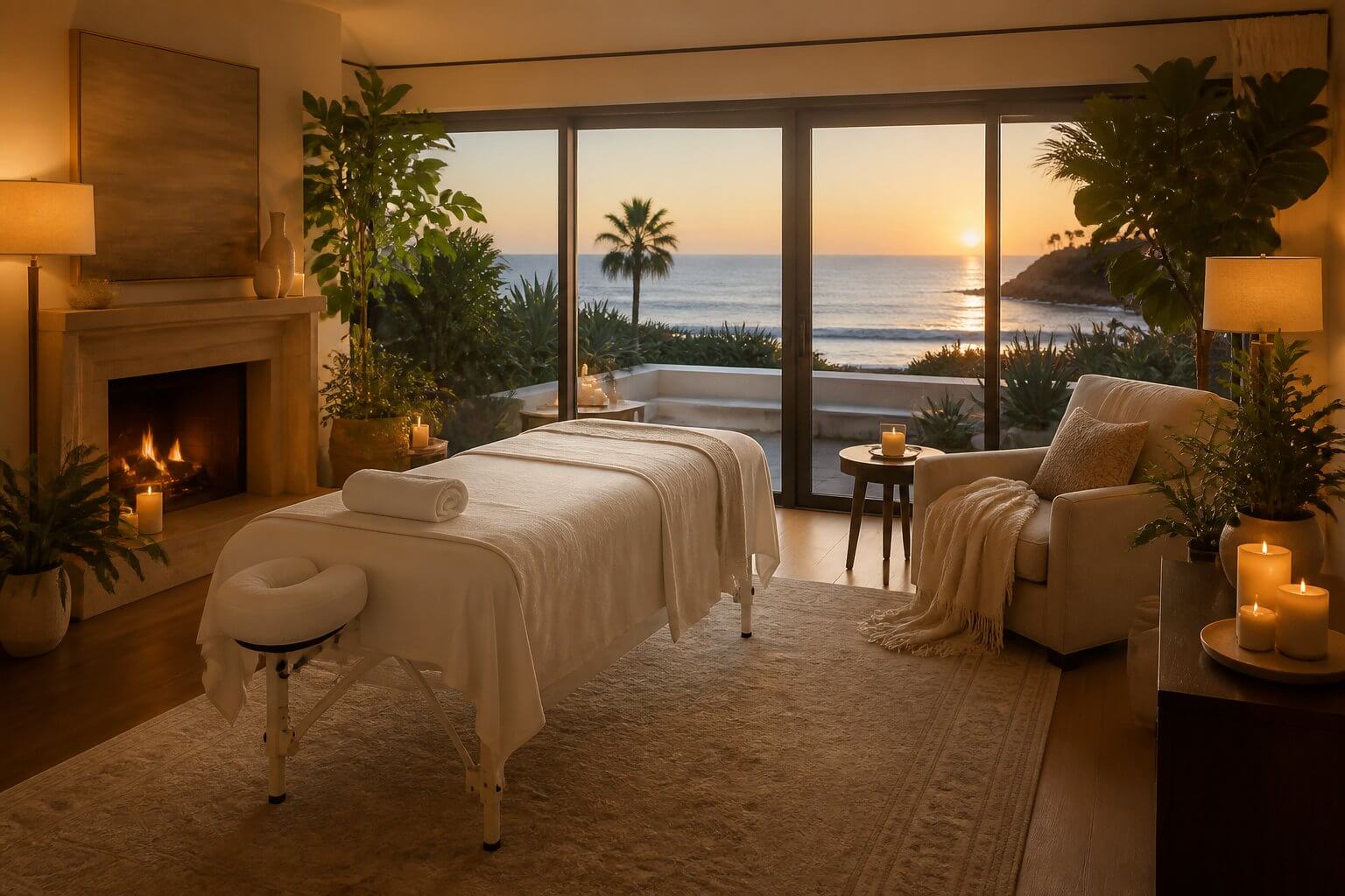 How to Stay Hydrated and Recover Faster During the Summer Months 1 A luxury Southern California living room transformed into a private home spa sanctuary with a mobile massage table, warm ambient candlelight, lush plants, and an ocean view through glass doors, illustrating the future of spa services delivered directly to your home.