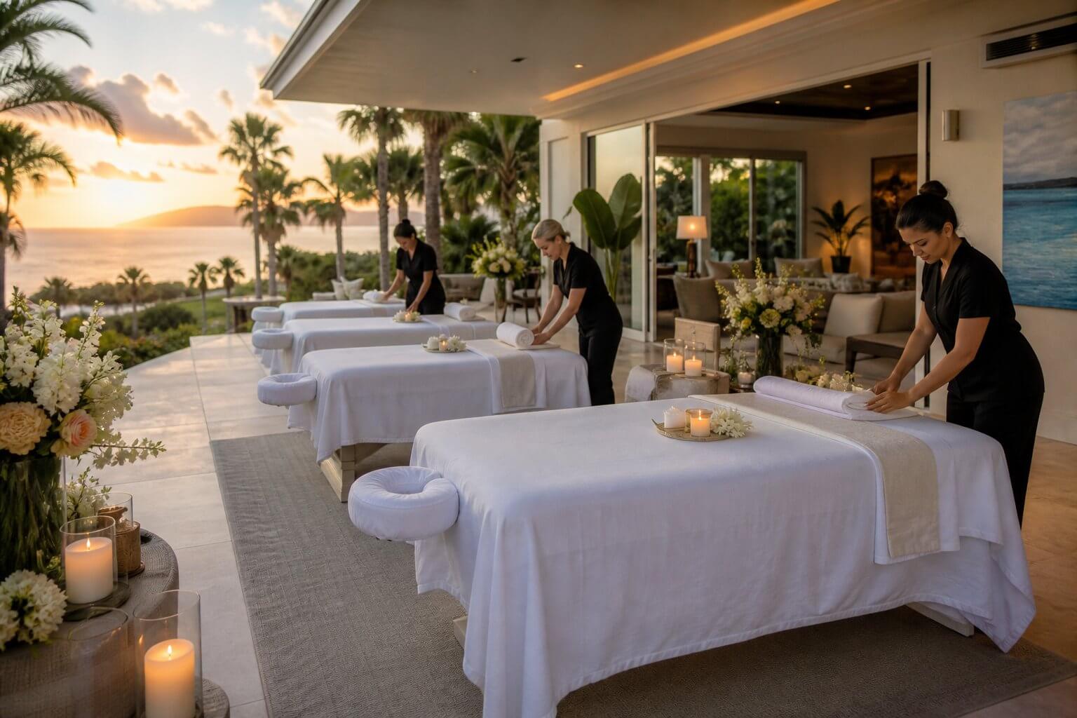 Luxury mobile spa party in a Southern California coastal home with massage tables, professional therapists, candles, flowers, and elegant wellness decor for a birthday or bridal shower celebration.