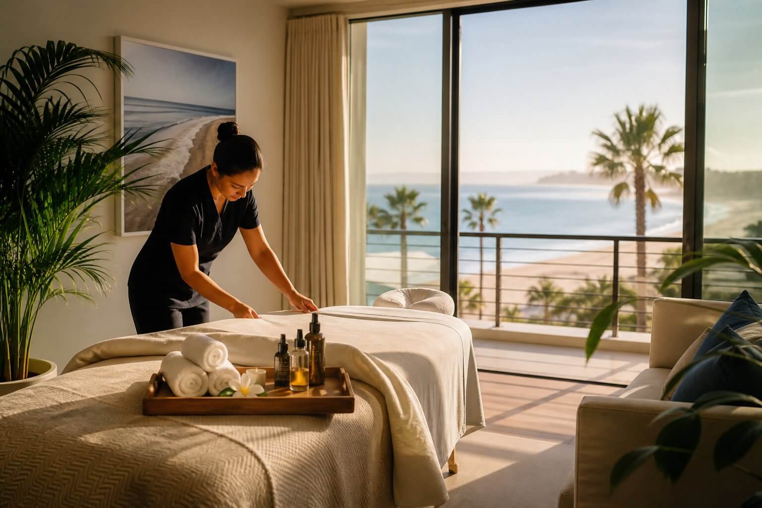 A professional massage table set up inside a stylish Southern California vacation rental facing an ocean-view balcony, with luxury linens, rolled towels, aromatic oils, and tropical plants, representing in-home mobile massage for Airbnb and hotel stays.