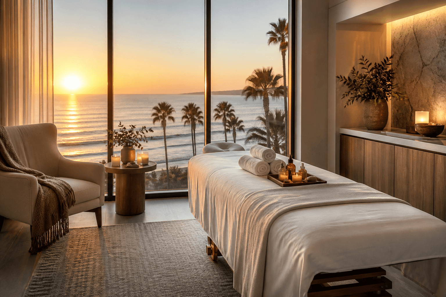 A luxury Southern California hotel suite or vacation rental transformed into a mobile massage spa sanctuary with a massage table, warm linen towels, candles, and essential oils overlooking the ocean and palm trees at sunset.