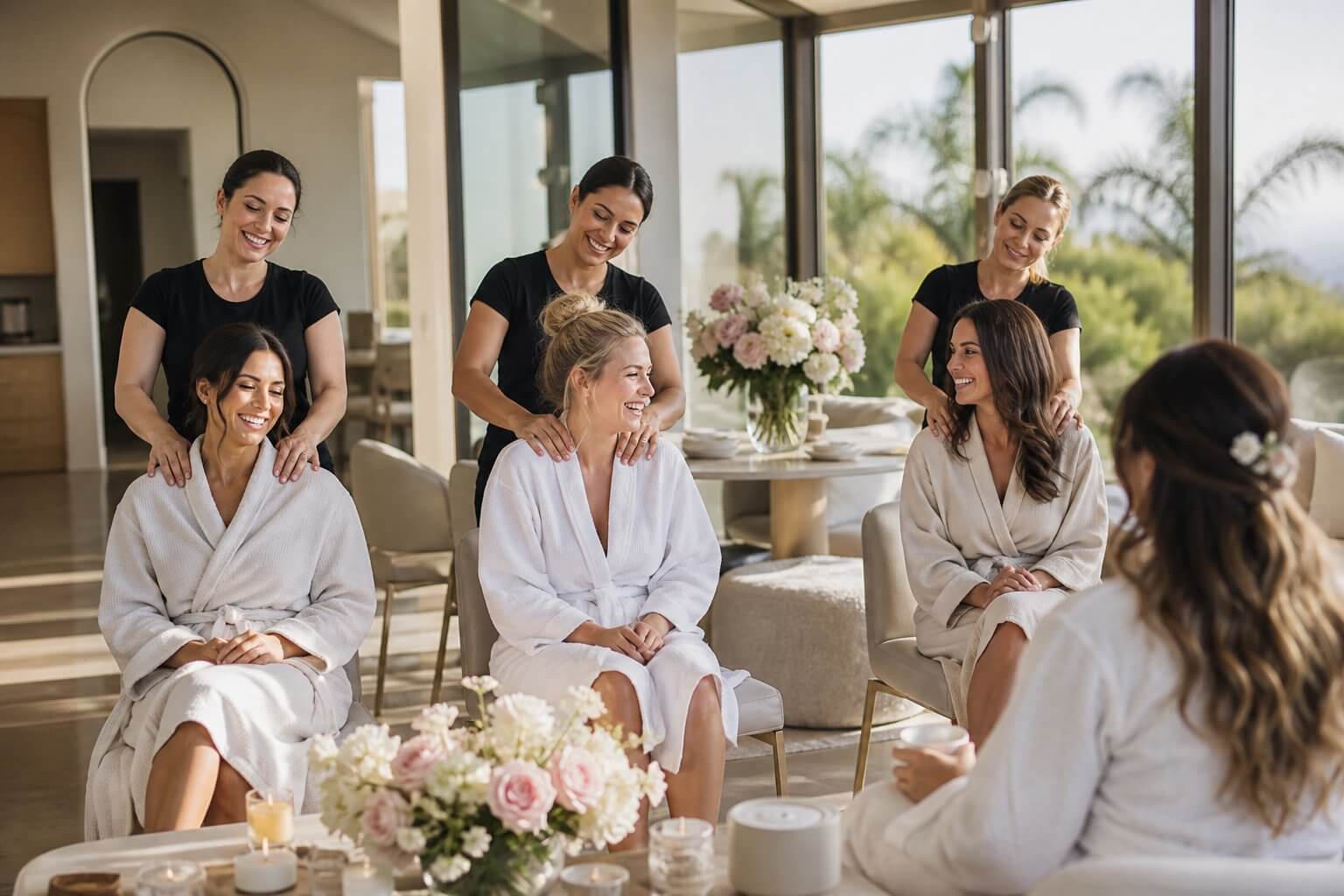 Guests enjoying a professional mobile spa experience at an upscale Southern California bridal shower, with seated shoulder massages, elegant robes, floral decor, and a relaxed group celebration.