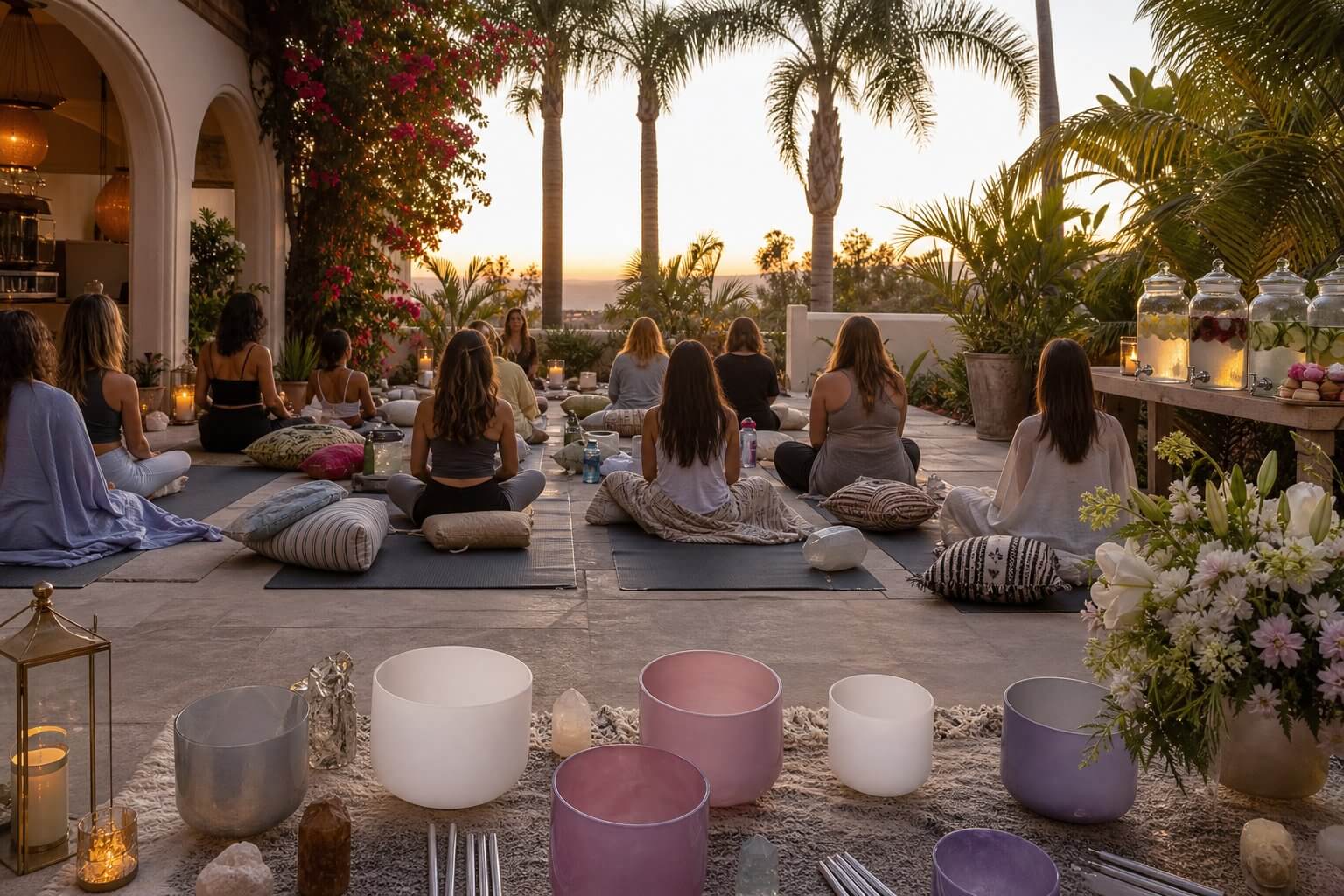 Guests participating in a peaceful outdoor sound healing session at a Southern California mobile spa party with crystal singing bowls, infused water, candles, greenery, and plush wellness cushions.