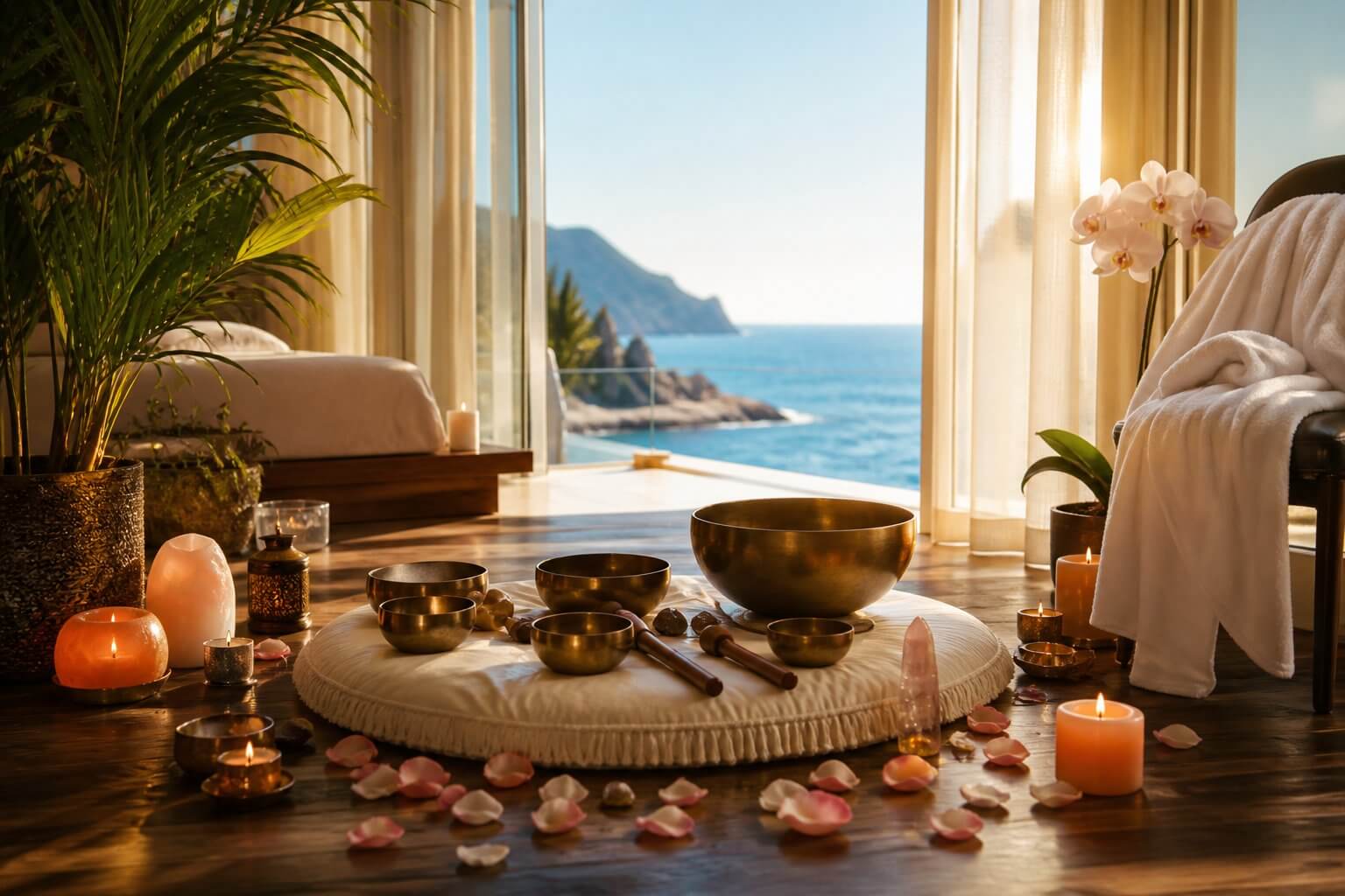 A serene sound healing scene in a bright coastal hotel suite with singing bowls, warm candles, rose petals, plants, and sunlight streaming through sheer curtains, representing holistic wellness add-ons like sound healing and chakra alignment for vacationers.
