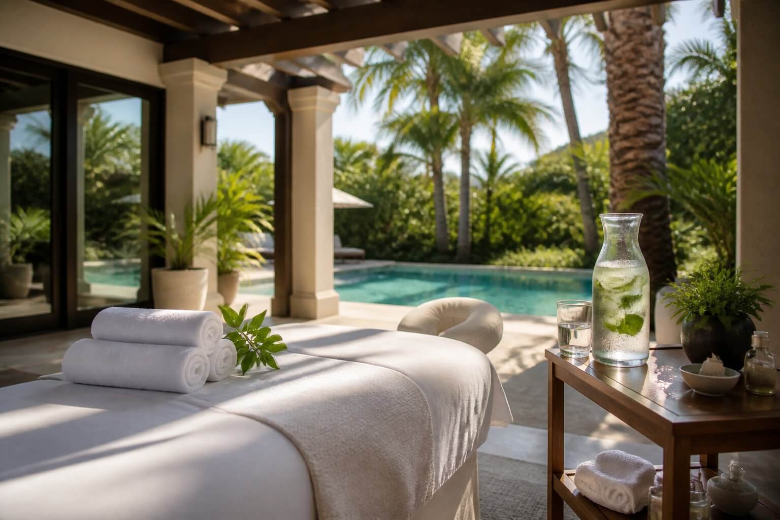 summer-hydration-mobile-massage-recovery-tips-southern-california A luxury mobile spa setup on a shaded Southern California patio featuring a massage table with white linens, a refreshing pitcher of cucumber-mint infused water, tropical palm trees, and a turquoise swimming pool, illustrating summer hydration tips and mobile wellness recovery during the hot summer months.