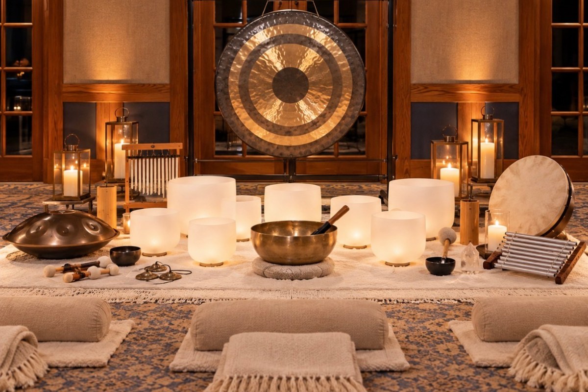 Sound bath setup with crystal singing bowls, gong and candles